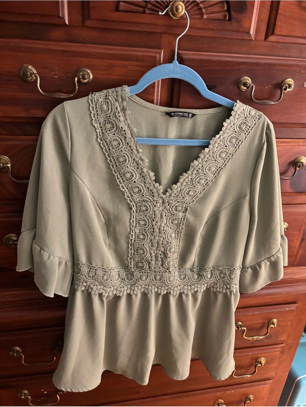 BloomChic Olive Lace-Trim Peplum Top